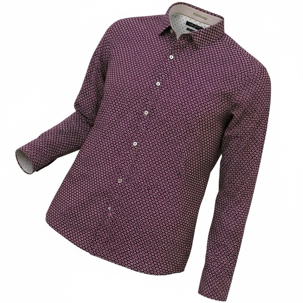 Ted Baker London Shirt Mens 16.5 Modern Fit Maroon Geometric Hexagon Long Sleeve